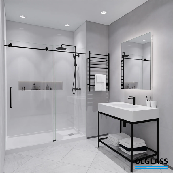 Wizualizacja kabiny prysznicowej walk-in w nowoczesnej łazience z półkami wnękowymi, Gdańsk, Sopot, Gdynia, Trójmiasto.