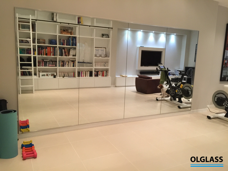 Duża ściana luster w domowej siłowni z regałem i strefą do ćwiczeń, Gdańsk, Sopot, Gdynia, Trójmiasto.