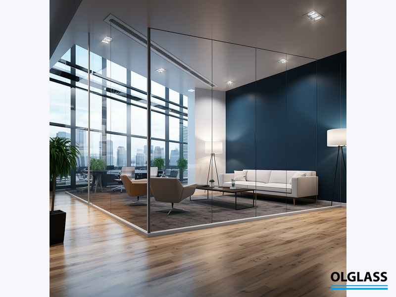 Nowoczesna sala spotkań oddzielona ściankami szklanymi, w której widać drzwi i strefę wypoczynkową.